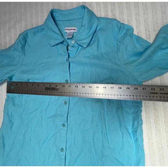Feel Good Store Top Womens Button Down 3/4 Sleeve Linen Shirt Medium Blue New - Picture 6 of 8